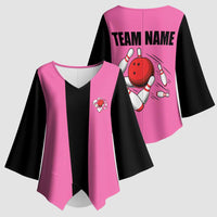 Pink and Black Bowling Kimono Sleeve Blouse Design with Red Ball and Pins and Custom Team Name Graphic - Wonder Print Shop