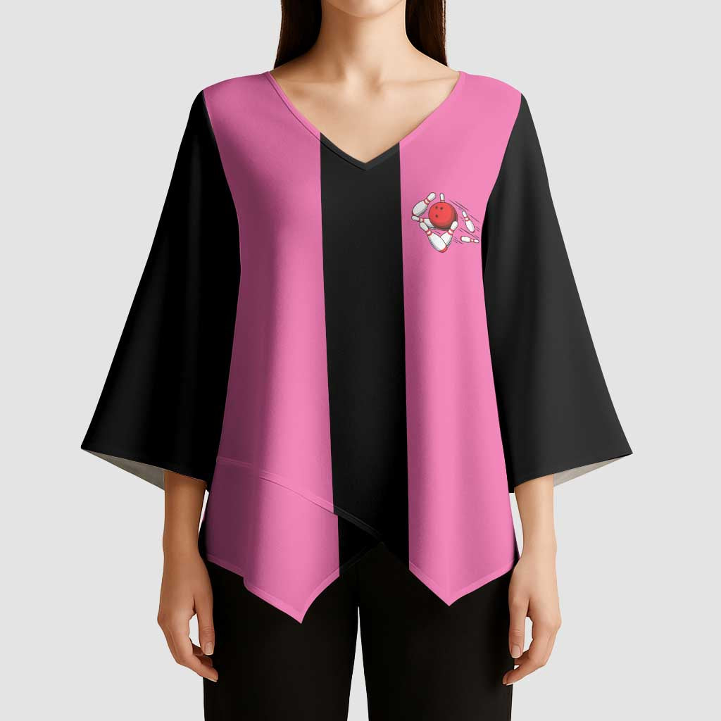 Pink and Black Bowling Kimono Sleeve Blouse Design with Red Ball and Pins and Custom Team Name Graphic - Wonder Print Shop