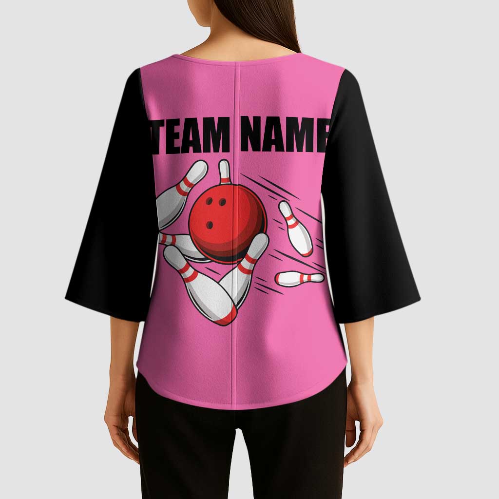 Pink and Black Bowling Kimono Sleeve Blouse Design with Red Ball and Pins and Custom Team Name Graphic - Wonder Print Shop