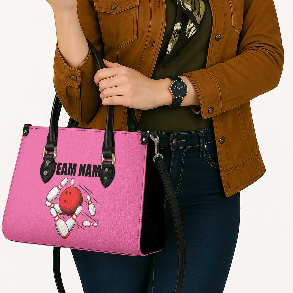 Pink and Black Bowling Leather Bag Design with Red Ball and Pins and Custom Team Name Graphic - Wonder Print Shop