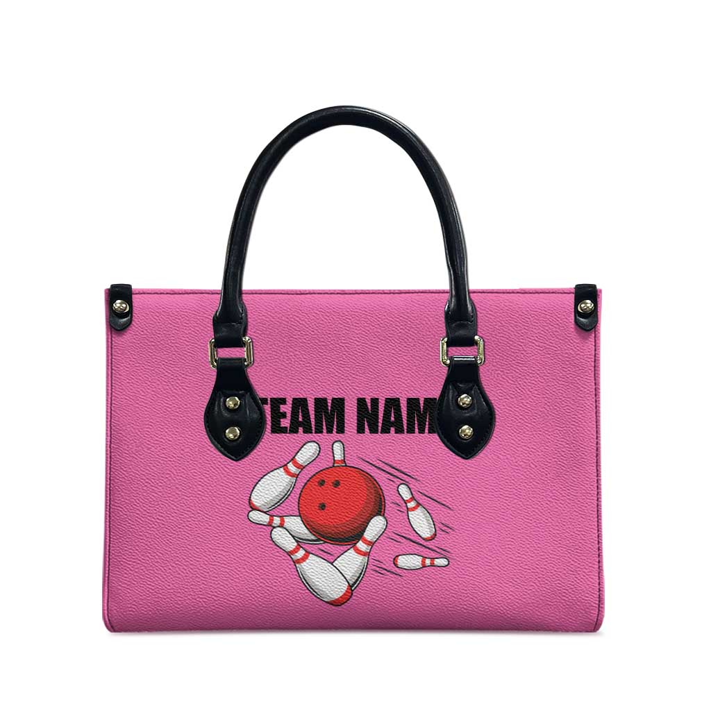 Pink and Black Bowling Leather Bag Design with Red Ball and Pins and Custom Team Name Graphic - Wonder Print Shop