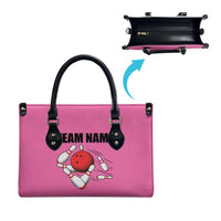Pink and Black Bowling Leather Bag Design with Red Ball and Pins and Custom Team Name Graphic - Wonder Print Shop