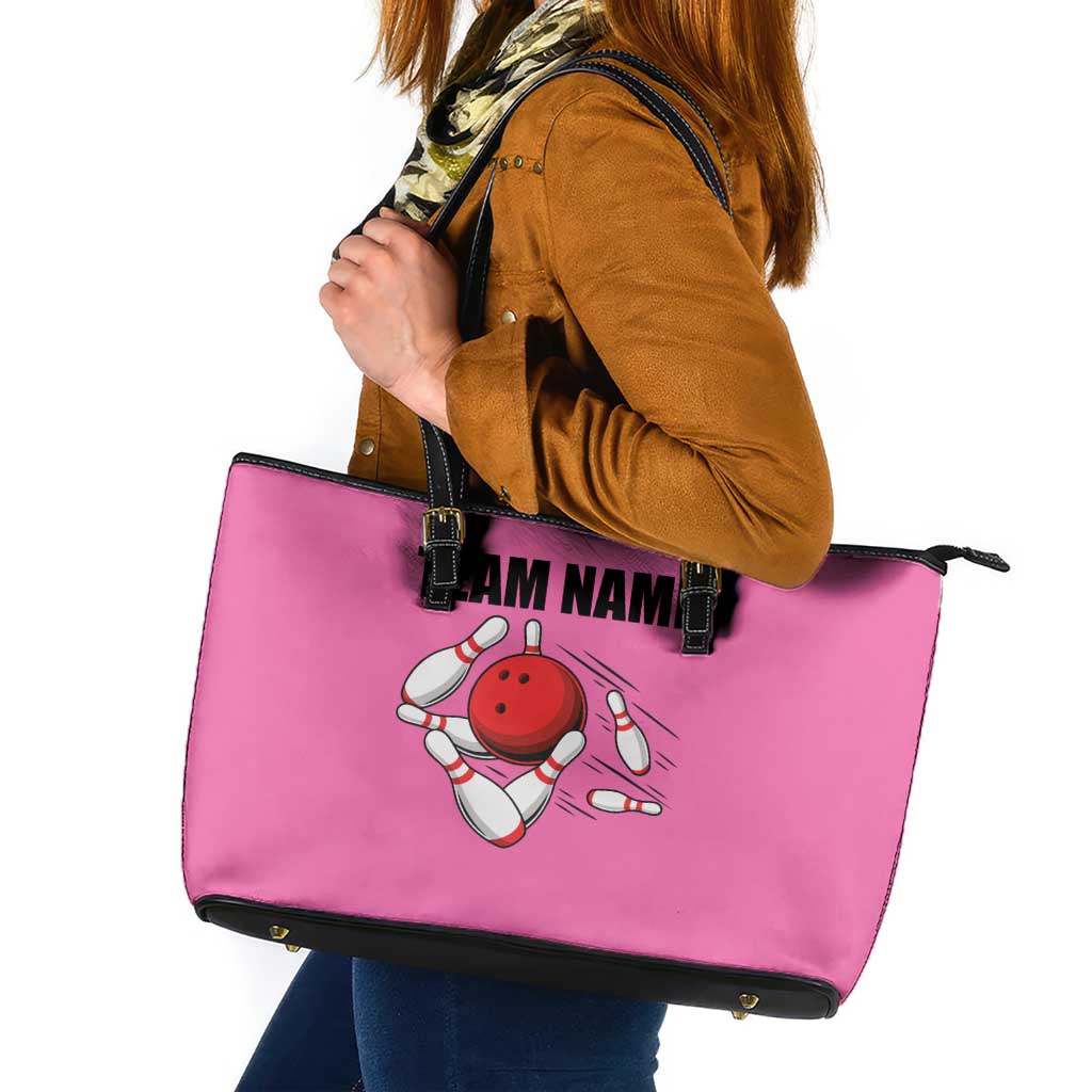Pink and Black Bowling Leather Tote Bag Design with Red Ball and Pins and Custom Team Name Graphic - Wonder Print Shop