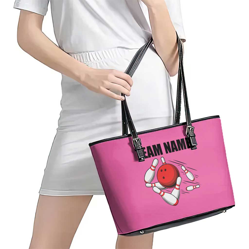 Pink and Black Bowling Leather Tote Bag Design with Red Ball and Pins and Custom Team Name Graphic - Wonder Print Shop
