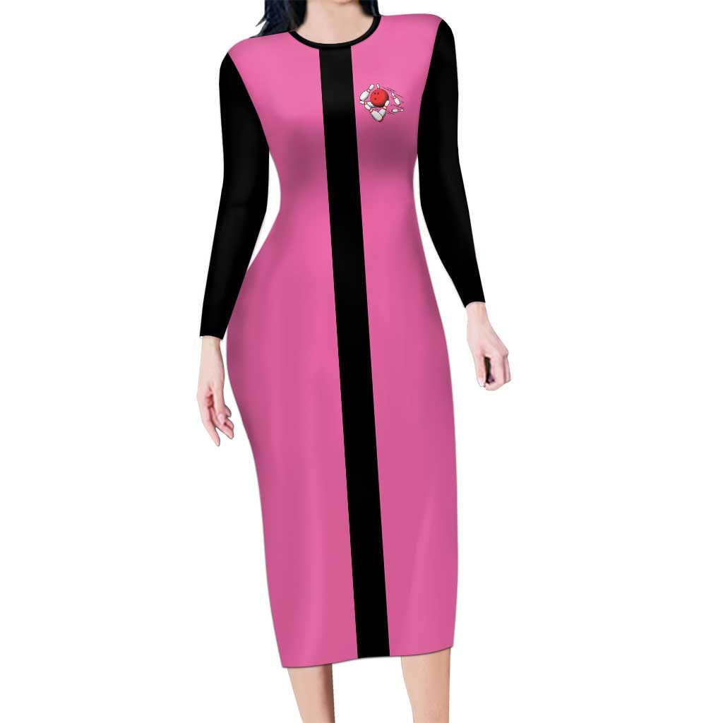 Pink and Black Bowling Long Sleeve Bodycon Dress Design with Red Ball and Pins and Custom Team Name Graphic - Wonder Print Shop