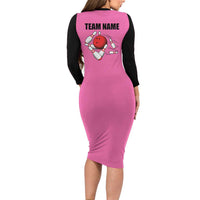 Pink and Black Bowling Long Sleeve Bodycon Dress Design with Red Ball and Pins and Custom Team Name Graphic - Wonder Print Shop