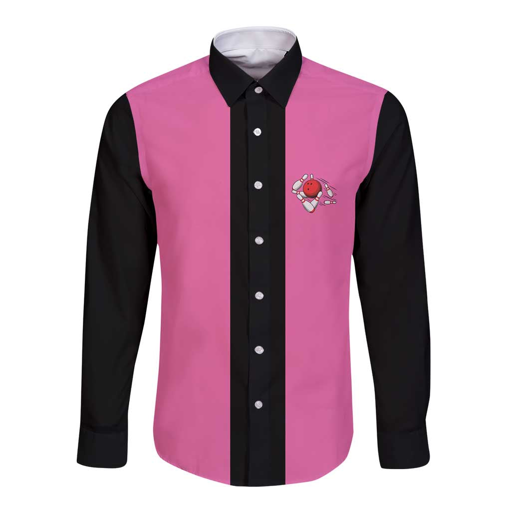 Pink and Black Bowling Long Sleeve Button Shirt Design with Red Ball and Pins and Custom Team Name Graphic - Wonder Print Shop
