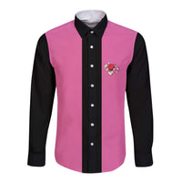 Pink and Black Bowling Long Sleeve Button Shirt Design with Red Ball and Pins and Custom Team Name Graphic - Wonder Print Shop