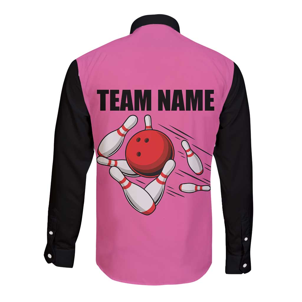 Pink and Black Bowling Long Sleeve Button Shirt Design with Red Ball and Pins and Custom Team Name Graphic - Wonder Print Shop
