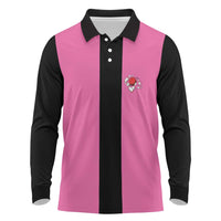 Pink and Black Bowling Long Sleeve Polo Shirt Design with Red Ball and Pins and Custom Team Name Graphic - Wonder Print Shop