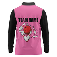 Pink and Black Bowling Long Sleeve Polo Shirt Design with Red Ball and Pins and Custom Team Name Graphic - Wonder Print Shop