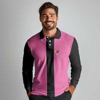 Pink and Black Bowling Long Sleeve Polo Shirt Design with Red Ball and Pins and Custom Team Name Graphic - Wonder Print Shop