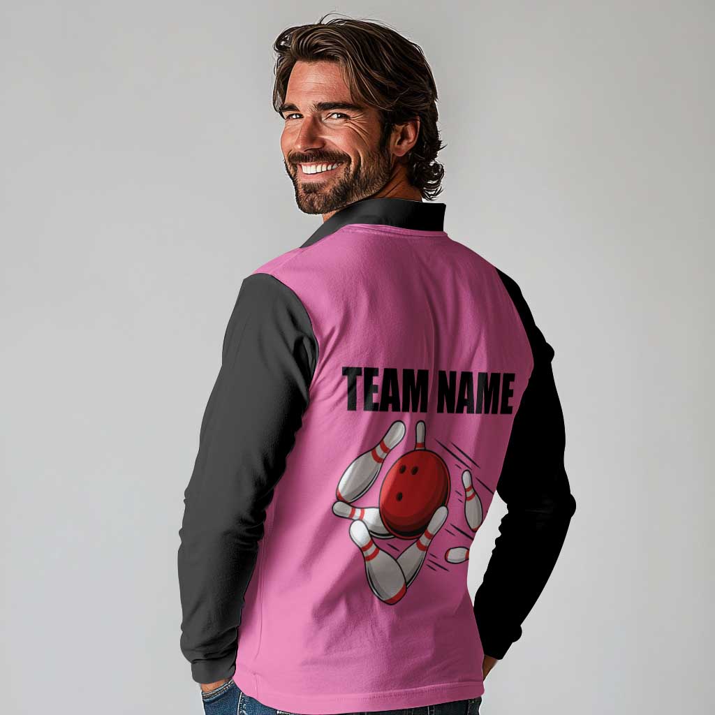 Pink and Black Bowling Long Sleeve Polo Shirt Design with Red Ball and Pins and Custom Team Name Graphic - Wonder Print Shop