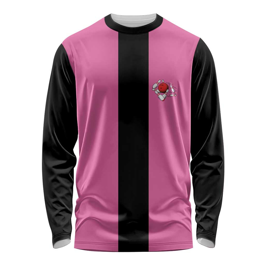 Pink and Black Bowling Long Sleeve Shirt Design with Red Ball and Pins and Custom Team Name Graphic - Wonder Print Shop