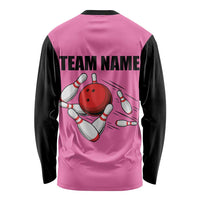 Pink and Black Bowling Long Sleeve Shirt Design with Red Ball and Pins and Custom Team Name Graphic - Wonder Print Shop