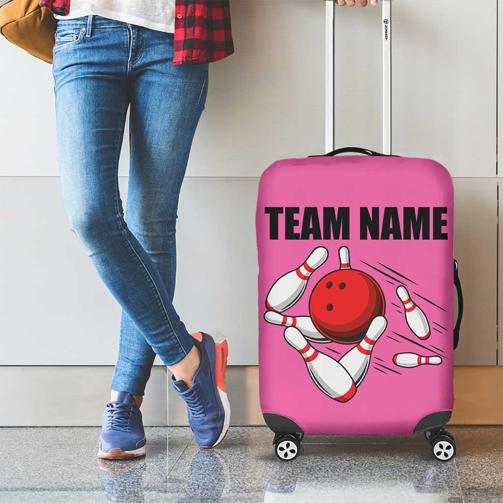 Pink and Black Bowling Luggage Cover Design with Red Ball and Pins and Custom Team Name Graphic - Wonder Print Shop