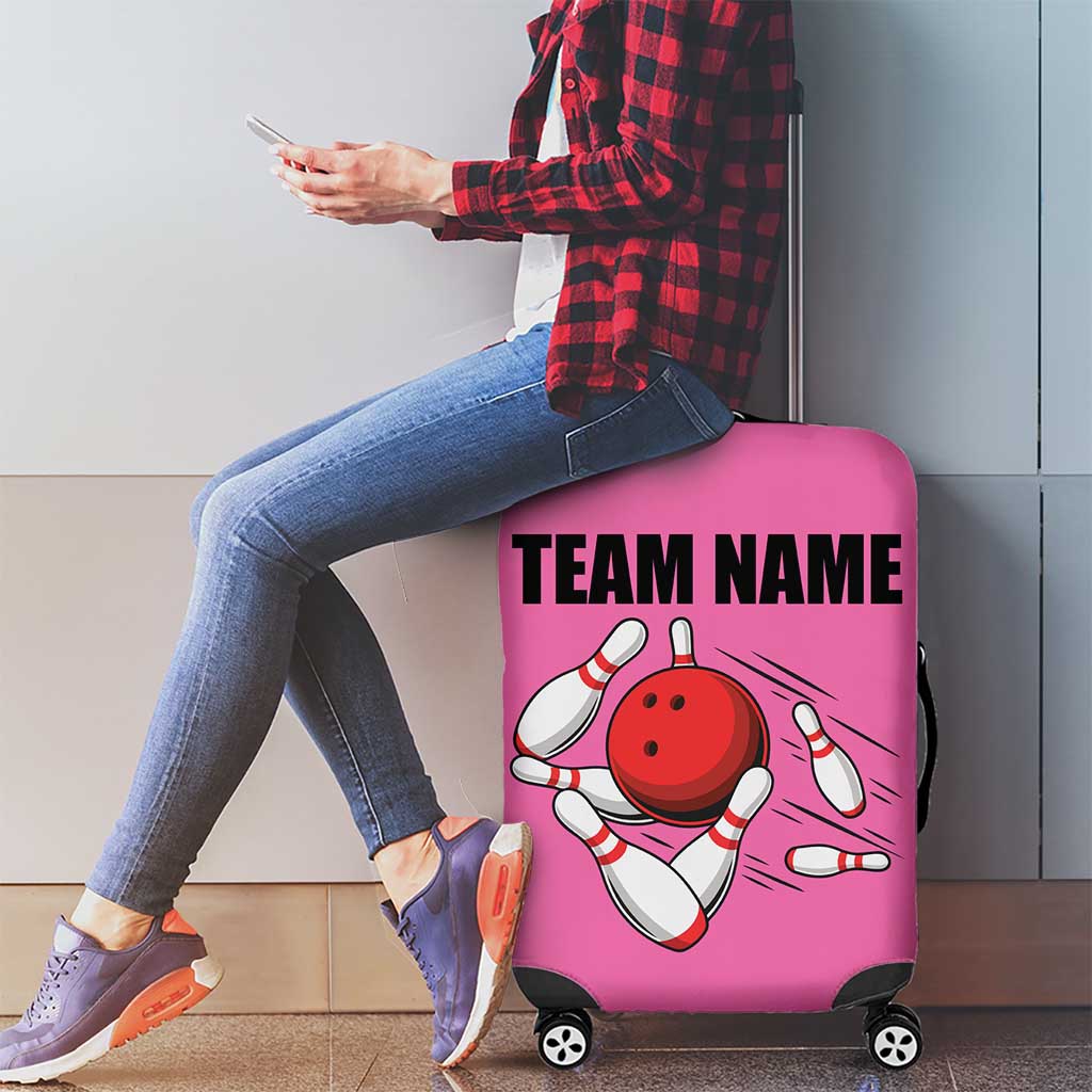 Pink and Black Bowling Luggage Cover Design with Red Ball and Pins and Custom Team Name Graphic - Wonder Print Shop