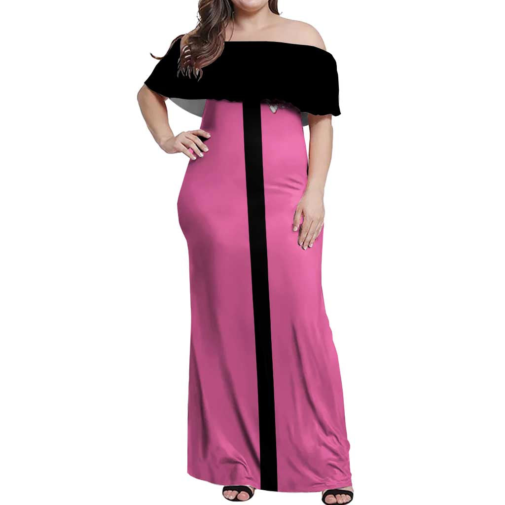 Pink and Black Bowling Off Shoulder Maxi Dress Design with Red Ball and Pins and Custom Team Name Graphic - Wonder Print Shop