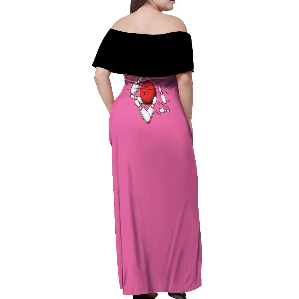 Pink and Black Bowling Off Shoulder Maxi Dress Design with Red Ball and Pins and Custom Team Name Graphic - Wonder Print Shop
