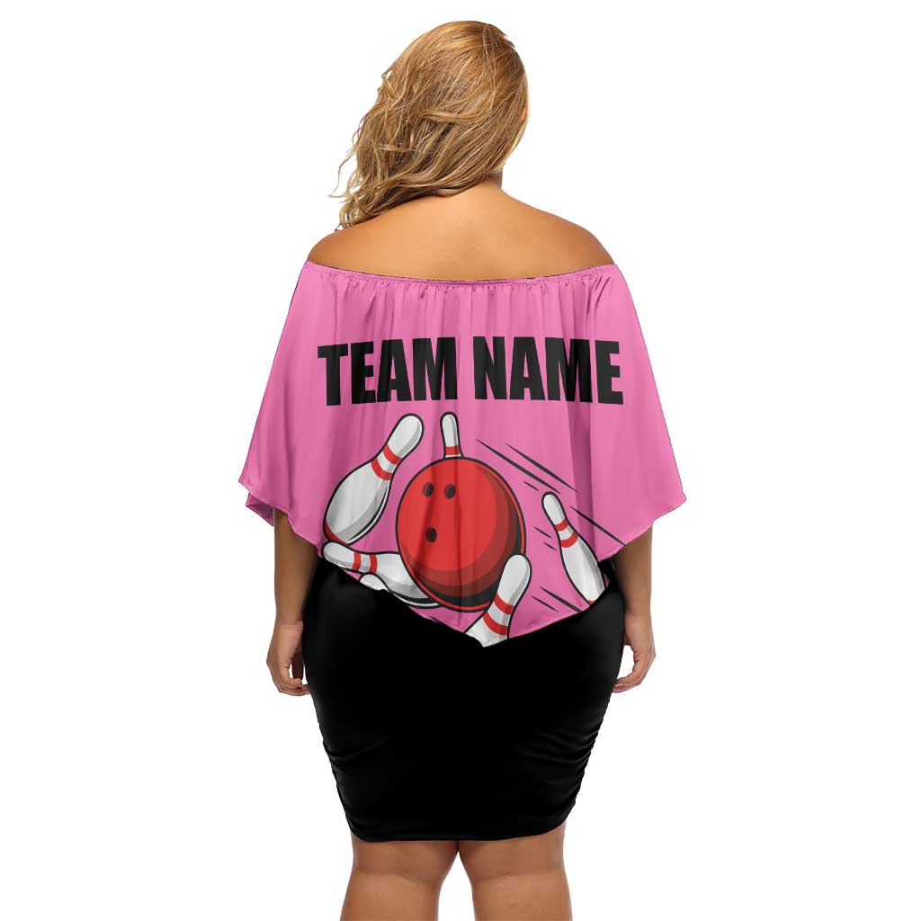 Pink and Black Bowling Off Shoulder Short Dress Design with Red Ball and Pins and Custom Team Name Graphic - Wonder Print Shop