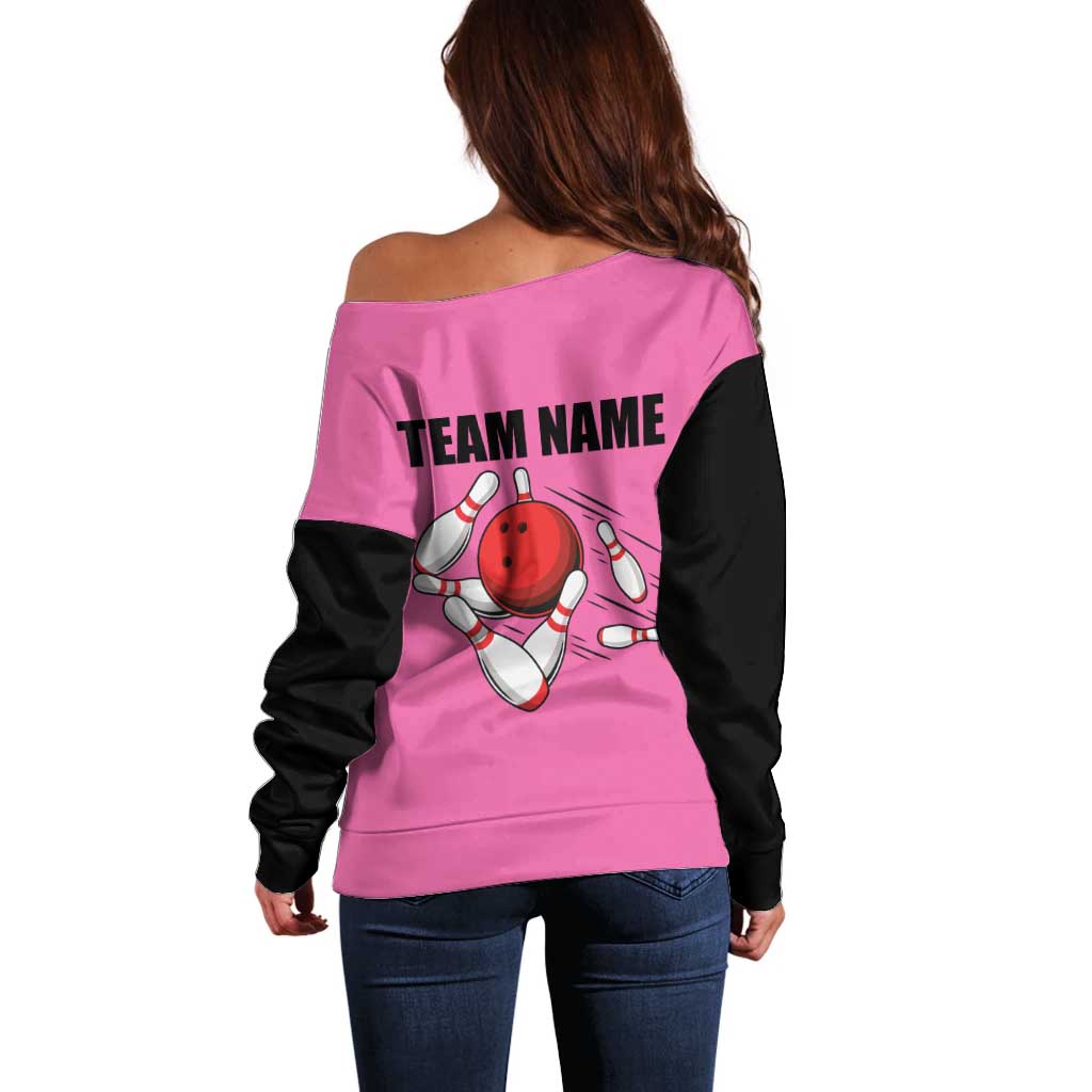 Pink and Black Bowling Off Shoulder Sweater Design with Red Ball and Pins and Custom Team Name Graphic - Wonder Print Shop