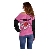 Pink and Black Bowling Off Shoulder Sweater Design with Red Ball and Pins and Custom Team Name Graphic - Wonder Print Shop