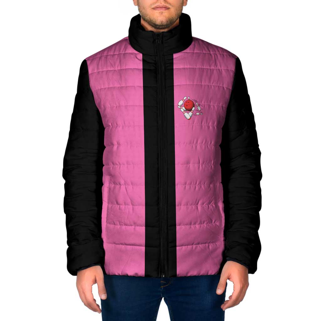 Pink and Black Bowling Padded Jacket Design with Red Ball and Pins and Custom Team Name Graphic - Wonder Print Shop