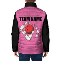Pink and Black Bowling Padded Jacket Design with Red Ball and Pins and Custom Team Name Graphic - Wonder Print Shop