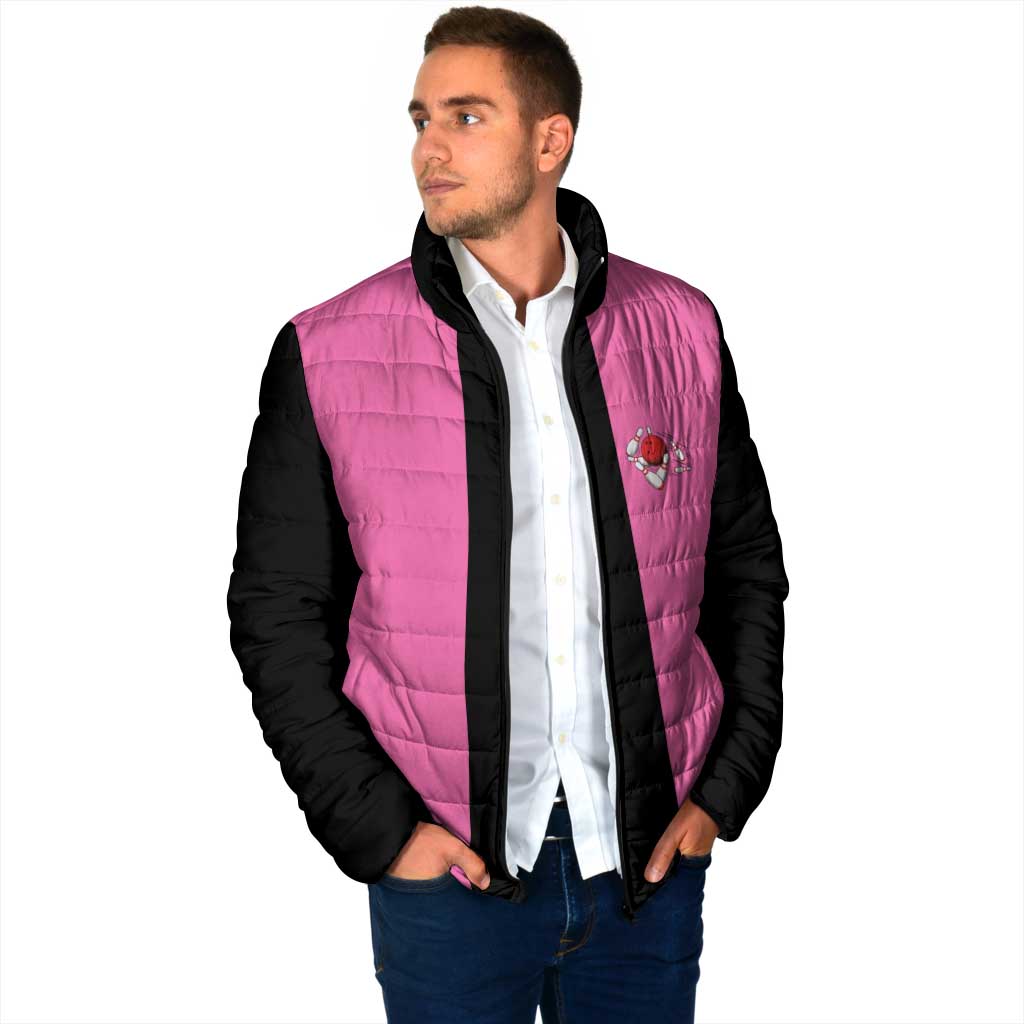 Pink and Black Bowling Padded Jacket Design with Red Ball and Pins and Custom Team Name Graphic - Wonder Print Shop