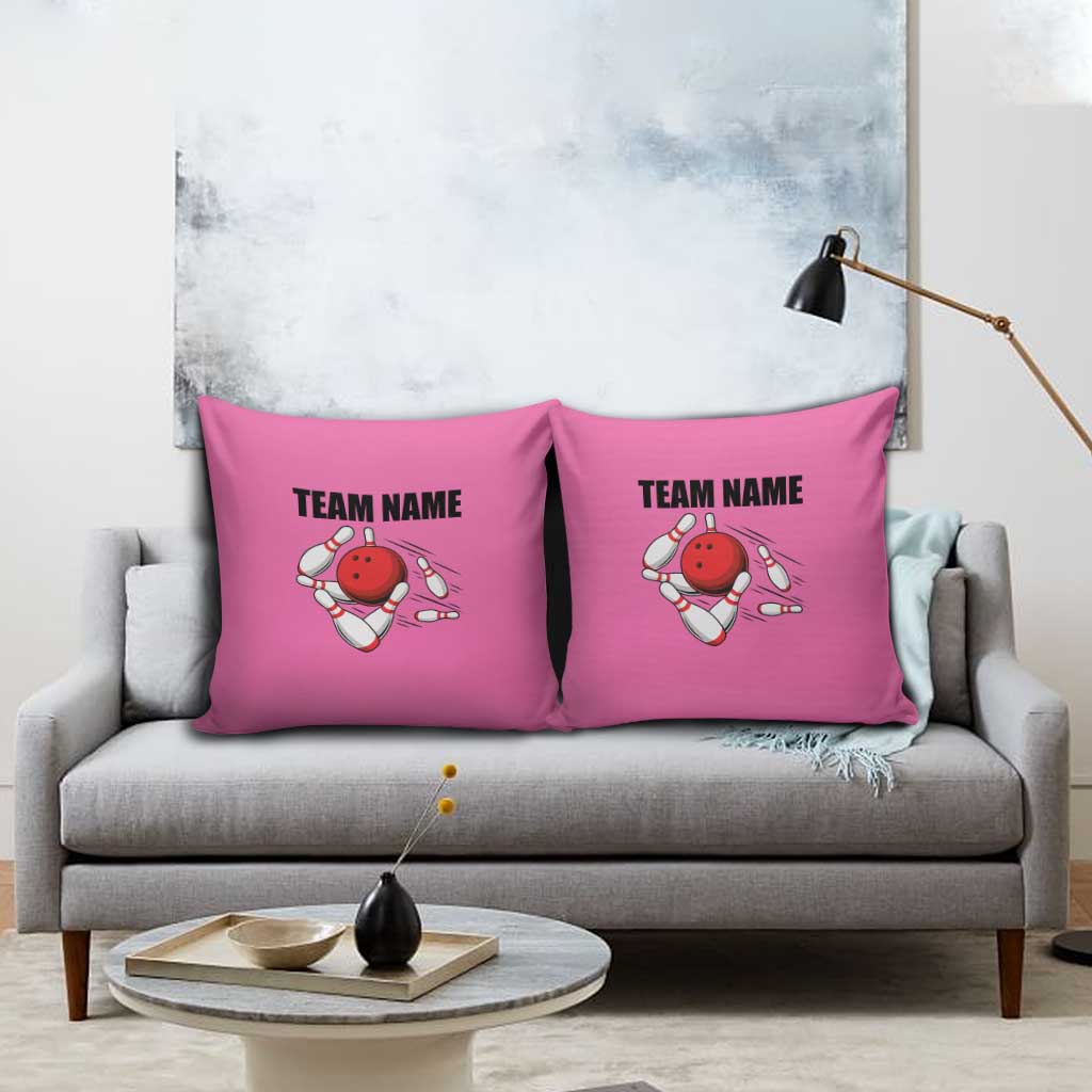 Pink and Black Bowling Pillow Cover Design with Red Ball and Pins and Custom Team Name Graphic - Wonder Print Shop