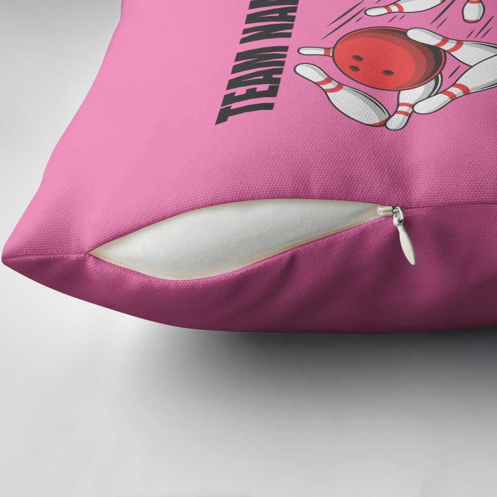 Pink and Black Bowling Pillow Cover Design with Red Ball and Pins and Custom Team Name Graphic - Wonder Print Shop