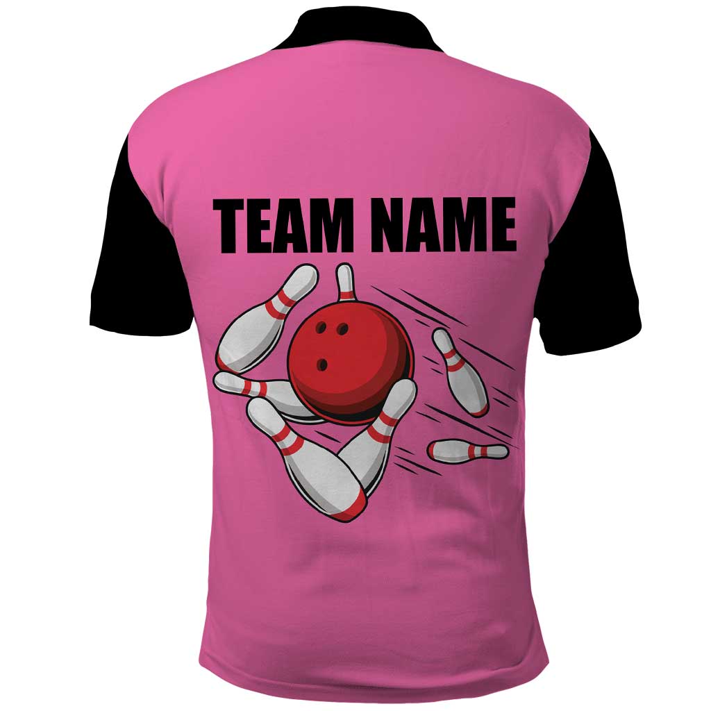 Pink and Black Bowling Polo Shirt Design with Red Ball and Pins and Custom Team Name Graphic - Wonder Print Shop