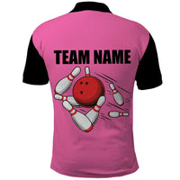 Pink and Black Bowling Polo Shirt Design with Red Ball and Pins and Custom Team Name Graphic - Wonder Print Shop