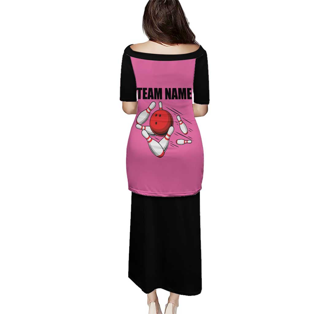 Pink and Black Bowling Puletasi Design with Red Ball and Pins and Custom Team Name Graphic - Wonder Print Shop