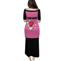 Pink and Black Bowling Puletasi Design with Red Ball and Pins and Custom Team Name Graphic - Wonder Print Shop
