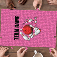 Pink and Black Bowling Puzzle Design with Red Ball and Pins and Custom Team Name Graphic - Wonder Print Shop