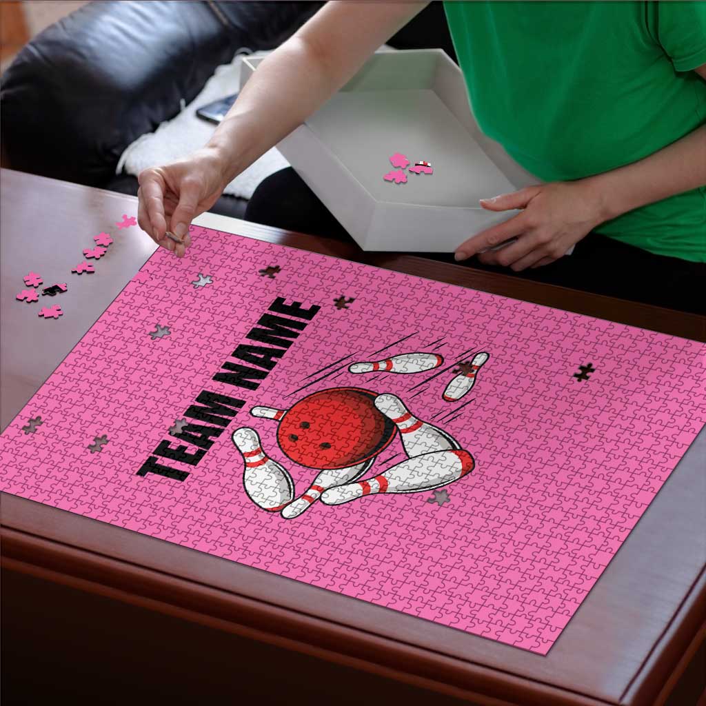 Pink and Black Bowling Puzzle Design with Red Ball and Pins and Custom Team Name Graphic - Wonder Print Shop