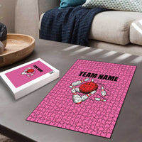 Pink and Black Bowling Puzzle Design with Red Ball and Pins and Custom Team Name Graphic - Wonder Print Shop