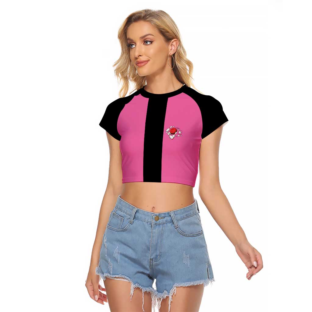 Pink and Black Bowling Raglan Cropped T Shirt Design with Red Ball and Pins and Custom Team Name Graphic - Wonder Print Shop