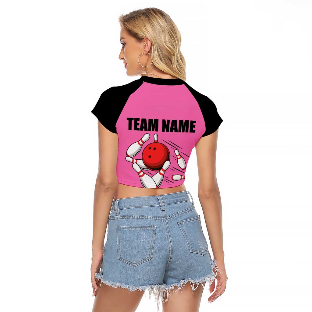 Pink and Black Bowling Raglan Cropped T Shirt Design with Red Ball and Pins and Custom Team Name Graphic - Wonder Print Shop