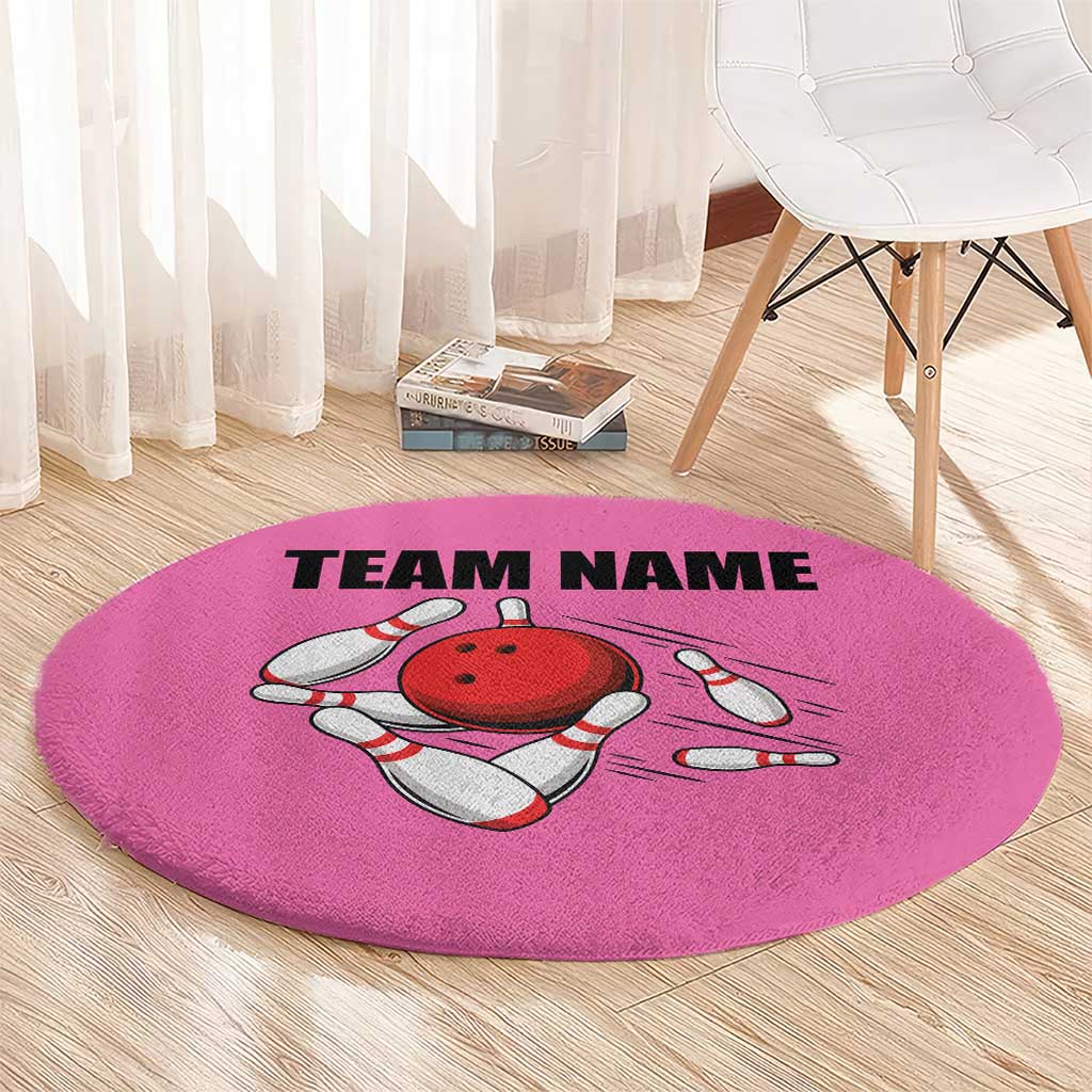 Pink and Black Bowling Round Carpet Design with Red Ball and Pins and Custom Team Name Graphic - Wonder Print Shop