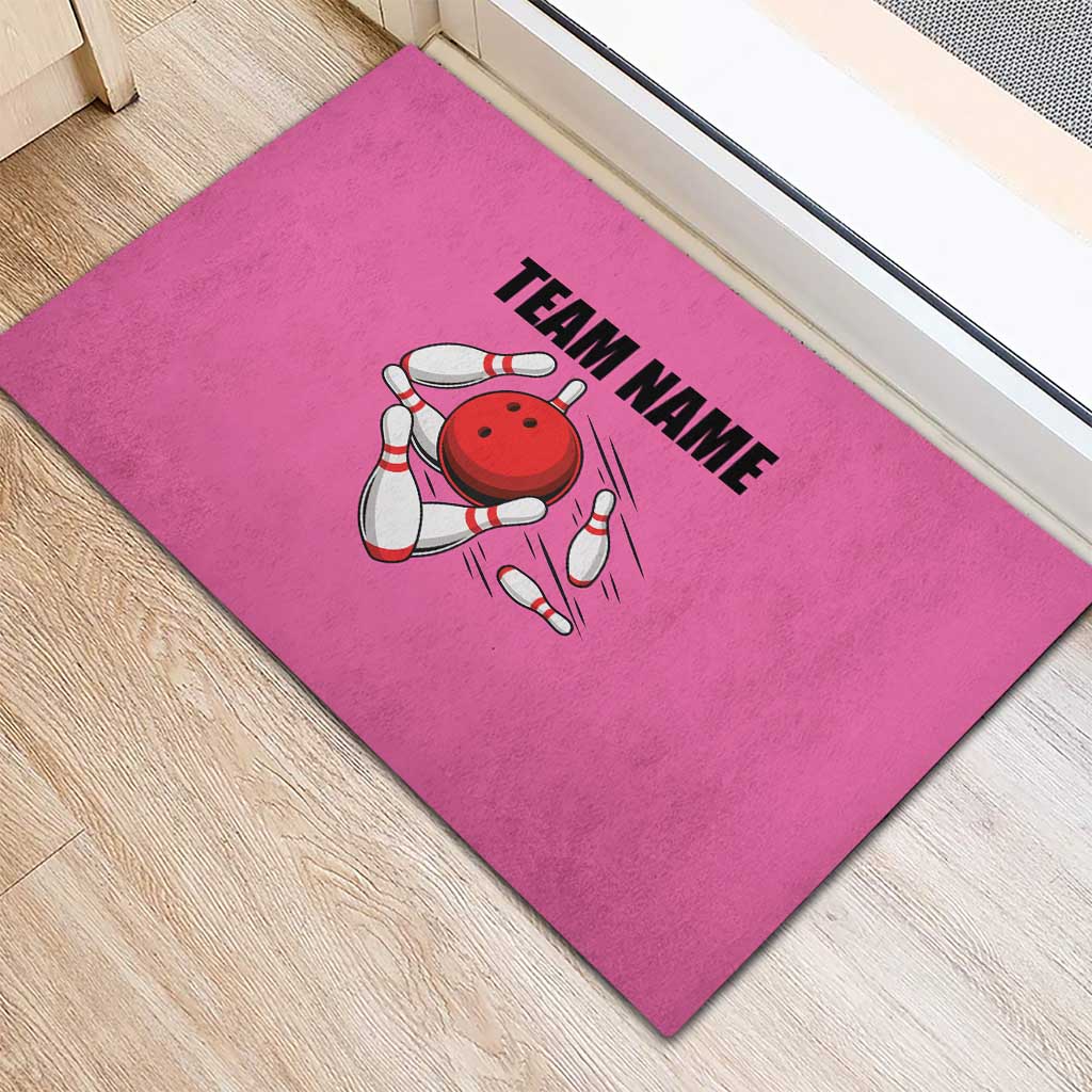 Pink and Black Bowling Rubber Doormat Design with Red Ball and Pins and Custom Team Name Graphic - Wonder Print Shop