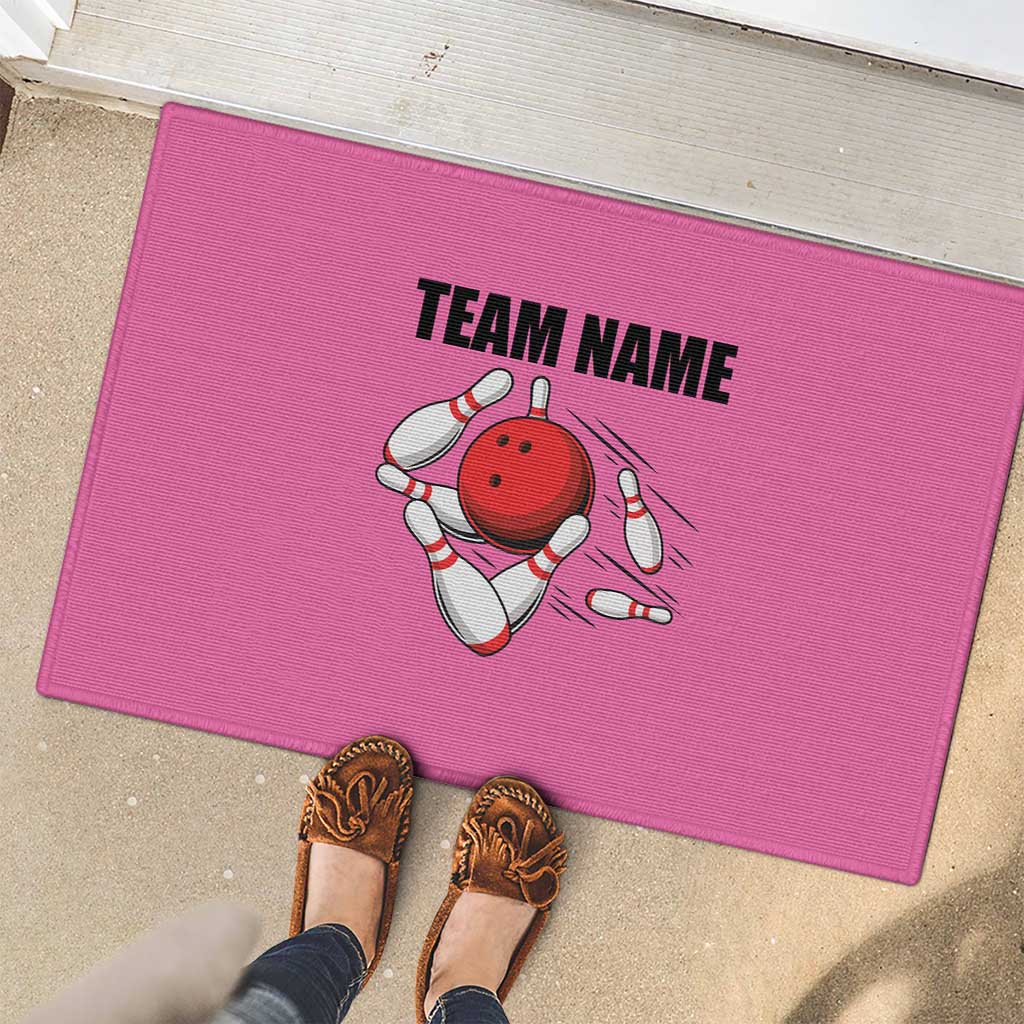 Pink and Black Bowling Rubber Doormat Design with Red Ball and Pins and Custom Team Name Graphic - Wonder Print Shop
