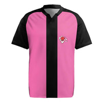 Pink and Black Bowling Rugby Jersey Design with Red Ball and Pins and Custom Team Name Graphic - Wonder Print Shop