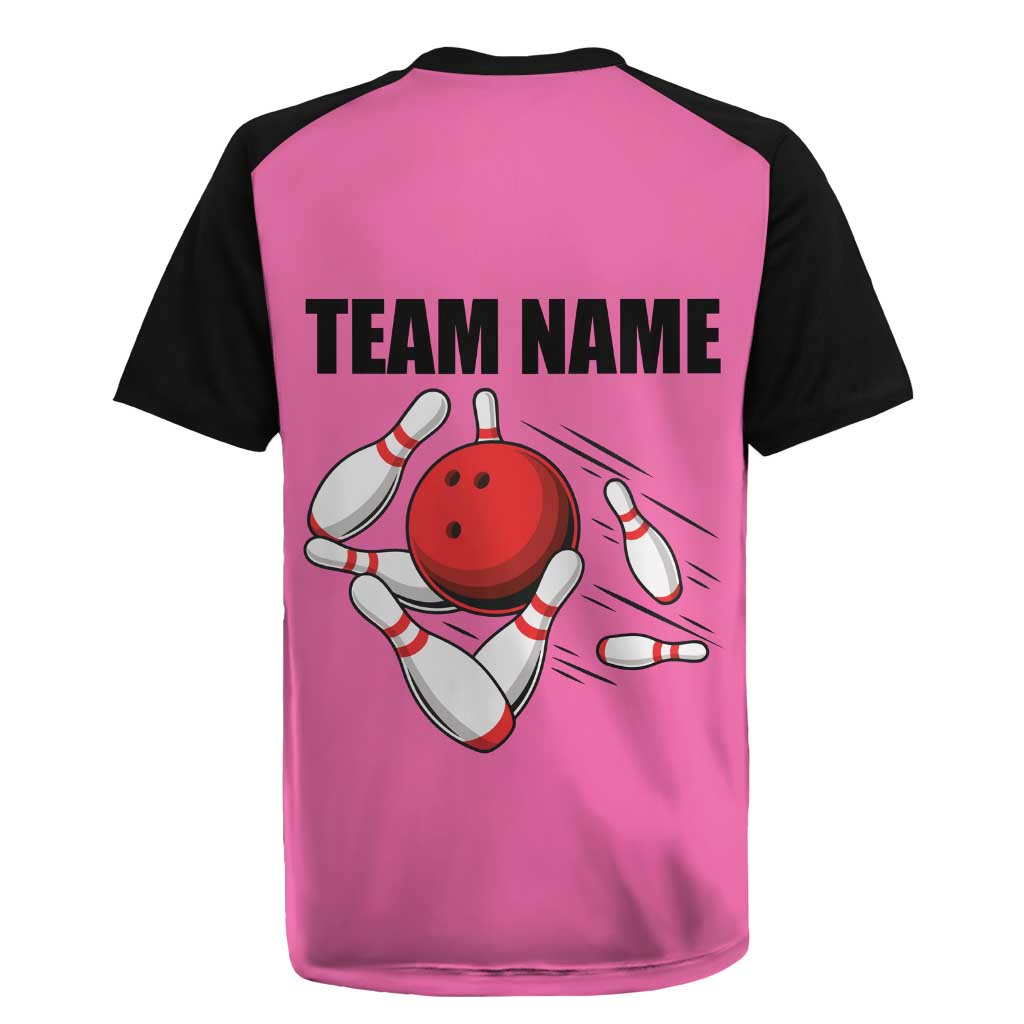 Pink and Black Bowling Rugby Jersey Design with Red Ball and Pins and Custom Team Name Graphic - Wonder Print Shop