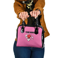 Pink and Black Bowling Shoulder Handbag Design with Red Ball and Pins and Custom Team Name Graphic - Wonder Print Shop
