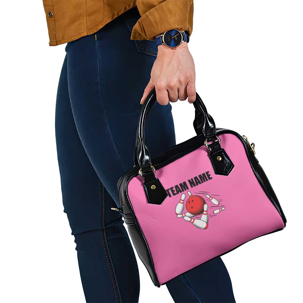 Pink and Black Bowling Shoulder Handbag Design with Red Ball and Pins and Custom Team Name Graphic - Wonder Print Shop