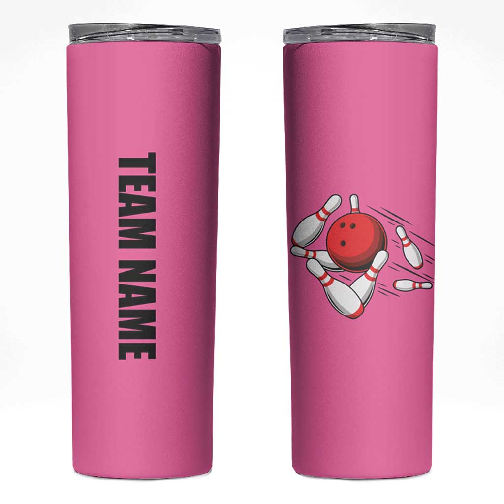 Pink and Black Bowling Skinny Tumbler Design with Red Ball and Pins and Custom Team Name Graphic - Wonder Print Shop