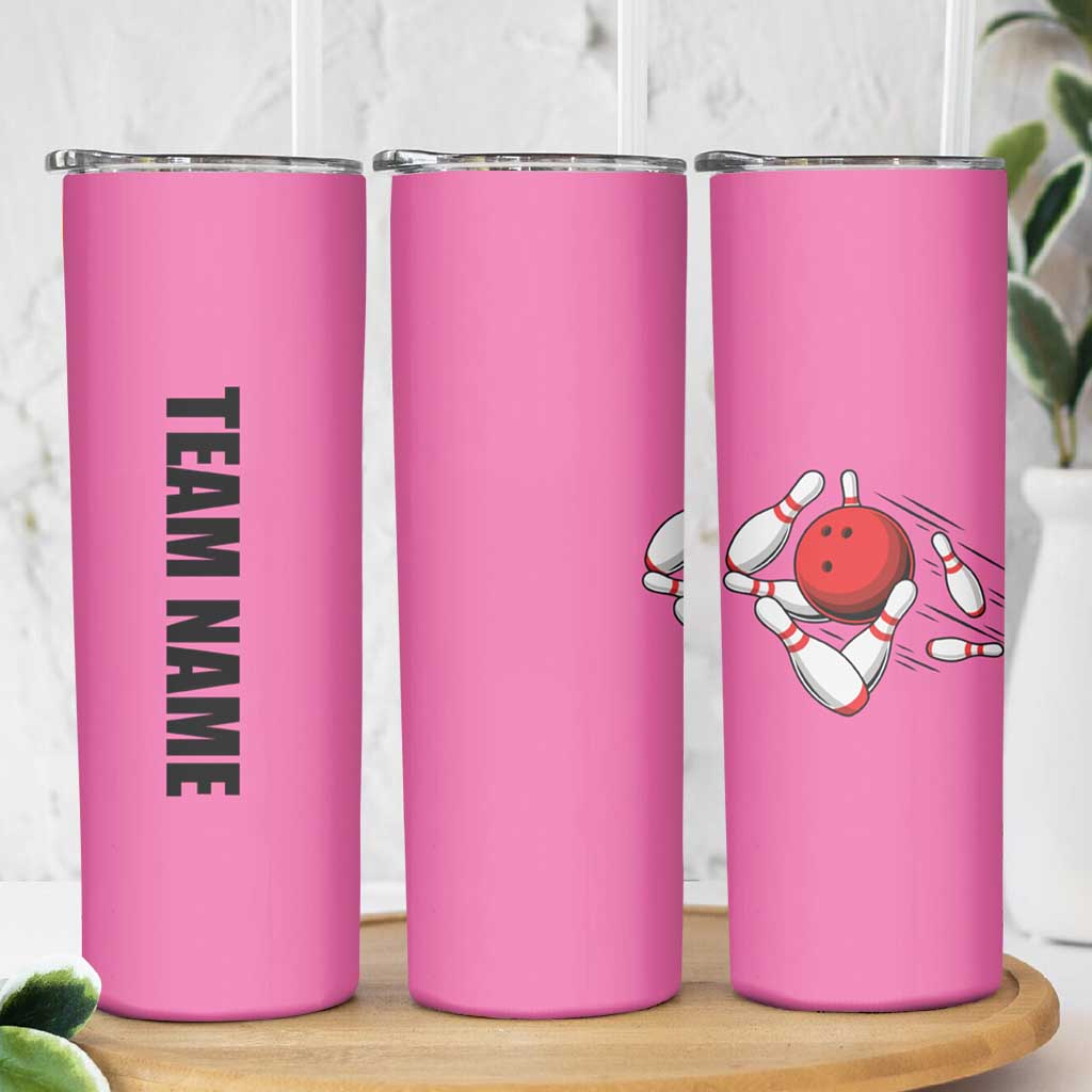 Pink and Black Bowling Skinny Tumbler Design with Red Ball and Pins and Custom Team Name Graphic - Wonder Print Shop