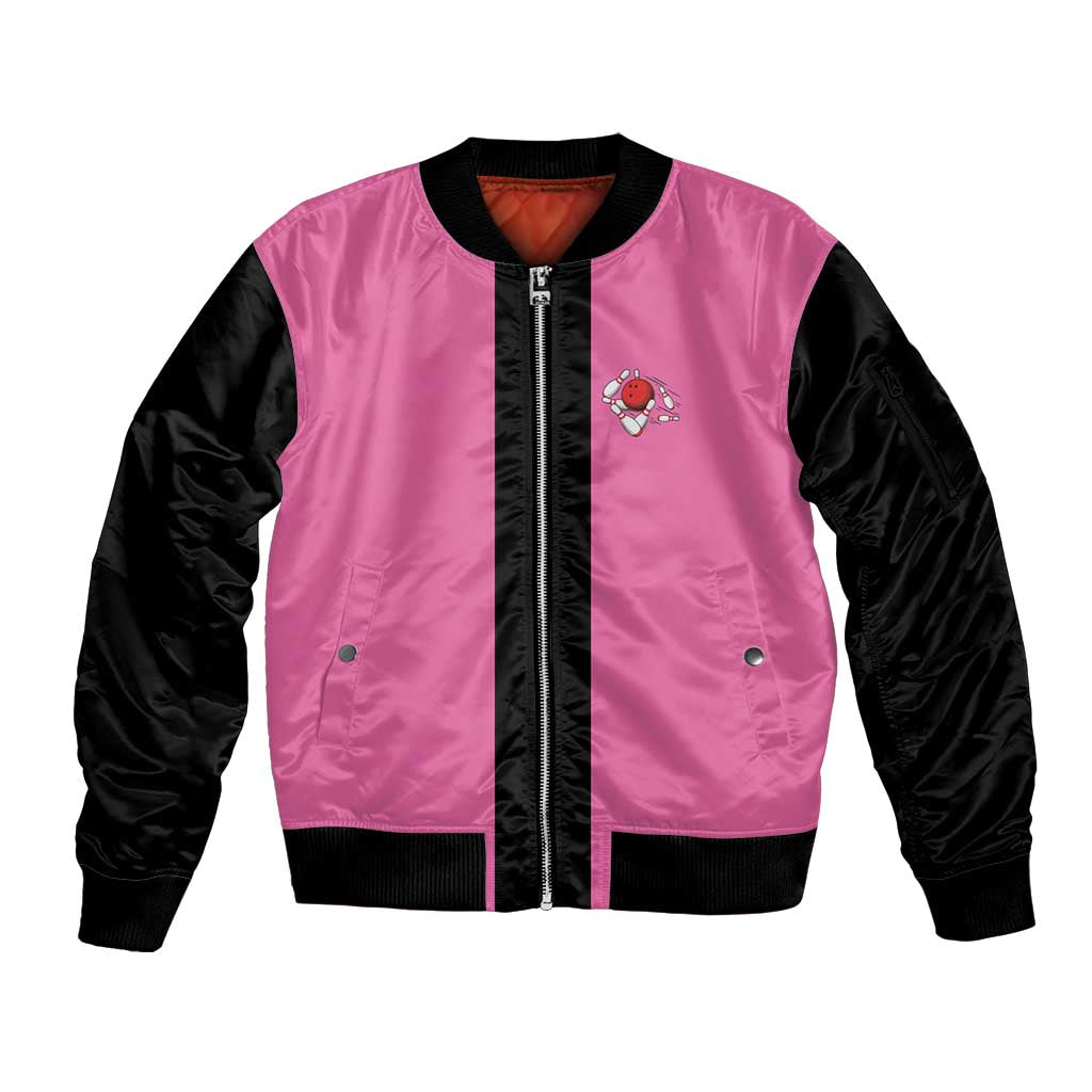 Pink and Black Bowling Sleeve Zip Bomber Jacket Design with Red Ball and Pins and Custom Team Name Graphic - Wonder Print Shop
